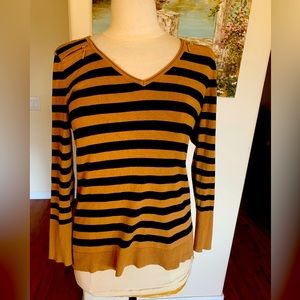 PRETTY ACRYLIC KNIT BROWN,AND BLACK STRIPPED V NECK SWEATER, IN EXCELLENT SHAPE.
